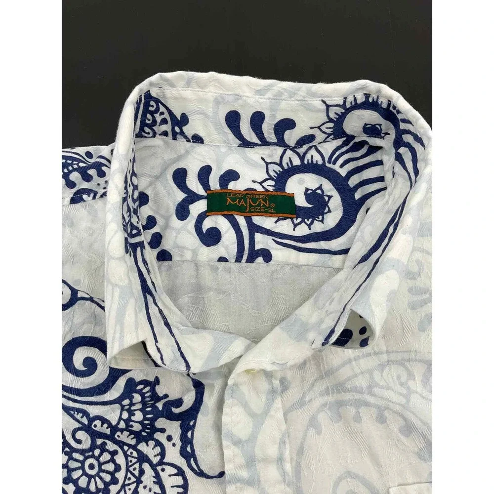 Majun Japan Mens 3L Short Sleeve Paisley Floral Jacquard Button Down Shirt White